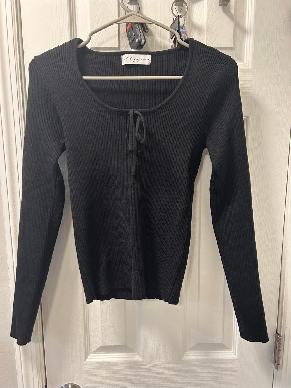 Petal & Pup Black Ribbed Scoop Neck Long Sleeve Top with Front Tie